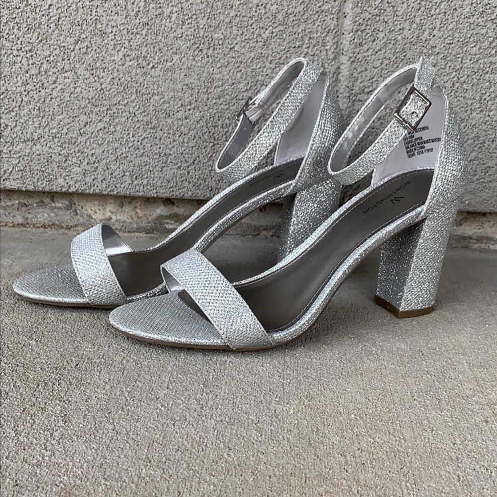 Glittery silver 3 1/2 inch heels.